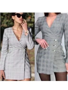 Zara Gray Plaid Jeweled Button Blazer Mini Dress Small